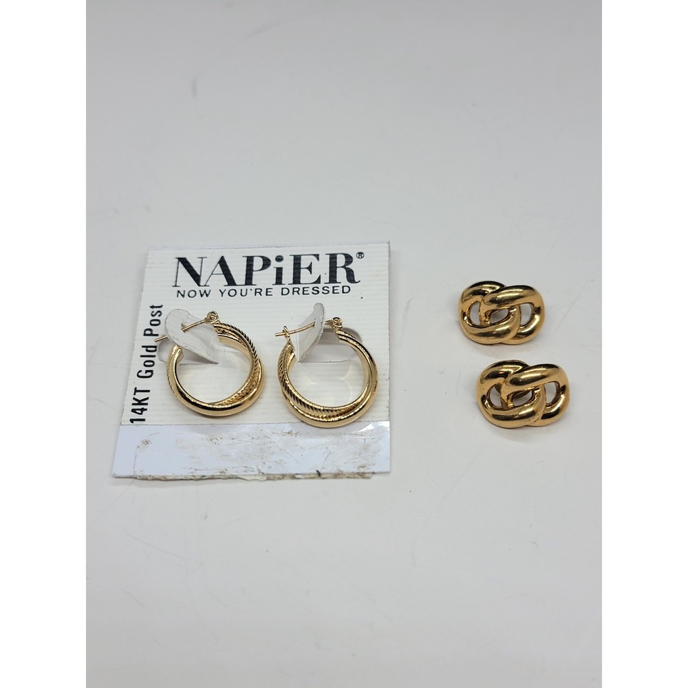 Two Pairs of Vintage Napier Earrings Hoops and Chain Link Style Studs Goldtone